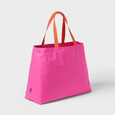 Water Resistant Reversible Tote Bag - Open Story  Pink/Coral Palm: Double Handles