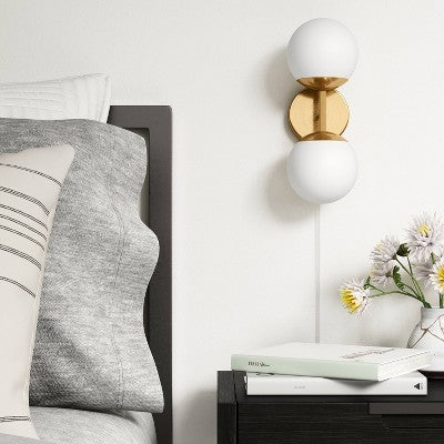 Double Globe Sconce White - Threshold: Wall-Mounted, Dimmable, Gold Metal Body, Includes LED Bulbs *Open Box*