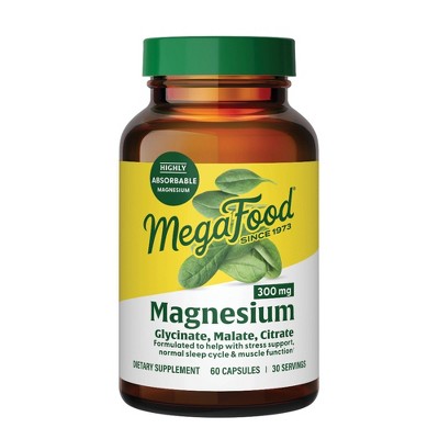 MegaFood Magnesium Supplement, 300mg Magnesium Glycinate, Citrate & Malate Vegetarian Capsules - 60ct *Exp 02/2027*