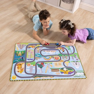 Melissa & Doug Race Around the World Tracks Cardboard Jigsaw Floor Puzzle and Wind-Up Vehicles   48pc