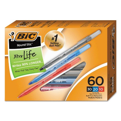 Bic Round Stic Xtra-Life Ballpoint Pens Medium 1.0 Assorted