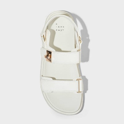 Women's 8.5 Jonie Footbed Sandals - A New Day Off-White 8.5: Hook and Loop Closure, Open Round Toe, Faux Leather, Medium Width
