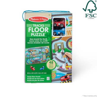 Melissa & Doug Race Around the World Tracks Cardboard Jigsaw Floor Puzzle and Wind-Up Vehicles   48pc