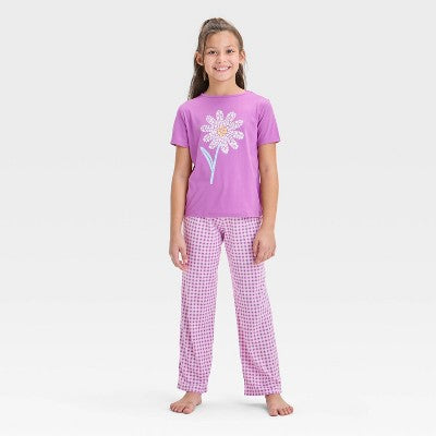 Girls L(10/12) 3pc 'Daisy Gingham' Printed Short Sleeve Pajama Set - Cat & Jack, Purple