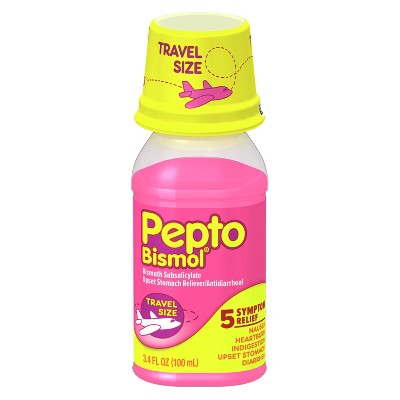 Pepto Bismol Liquid for Nausea, Heartburn, Indigestion, Upset Stomach, and Diarrhea Relief, Original Flavor 3.4oz travel size **Exp 03/2027**