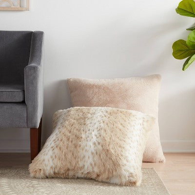Oversized Faux Rabbit Fur Square Throw Pillow Neutral - Threshold : Cozy Decorative Cushion for Indoor Use