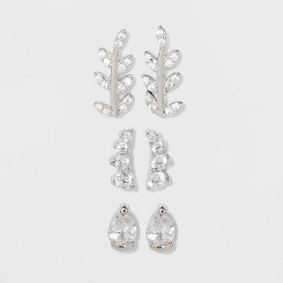 Sterling Silver Cubic Zirconia Leaf, Crawler and Teardrop Stud Earring Set 3pc - A New Day  Silver: Nickel-Free, Polished Finish