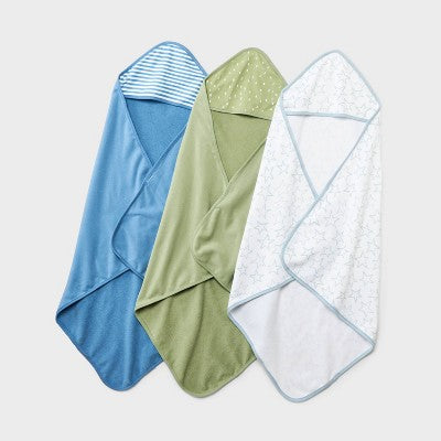 Infant 3pk Hooded Towel Stars Stripes - Cloud Island Green Blue