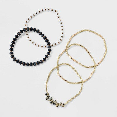 Mixed Semi-Precious Black Howlite Cylinder Beaded Bracelet Set 5pc - Universal Thread  Gold/Black: Glass, Brass, Acrylic