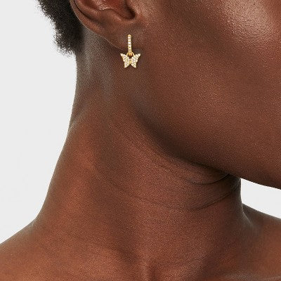 14k Gold Plated Brass Cubic Zirconia Pave Butterfly with Pave Huggie Hoop Earrings - A New Day  Gold