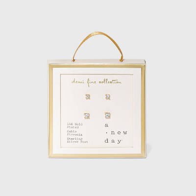 14K Gold Plated Cubic Zirconia Duo Stud Earring Set 2pc