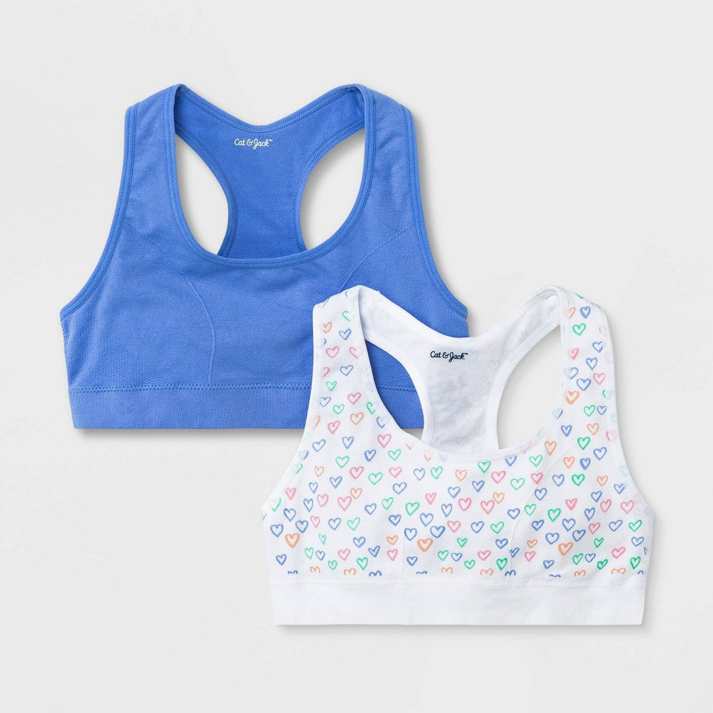 Girls' Solid 2pk Heart Sports Bra Blue/White Print Cat & Jack™ *Size Girls S(6/7)*