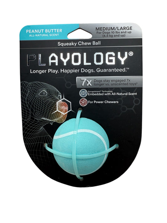 Playology Squeaky Chew Ball – Peanut Butter Scented (Medium/Large, For Dogs 10 lbs and Up) *Color chosen at random