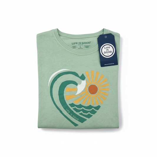 Women's L - Life is Good Crusher Tee Wave Heart Sage