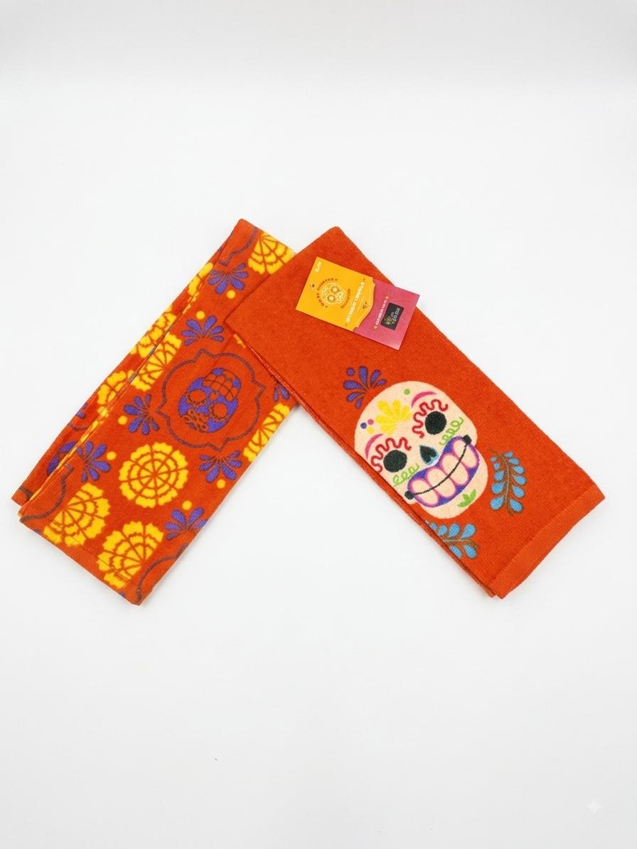 2pk Día de Muertos Kitchen Terry Towels: Cotton, Multicolor Floral & Skull Pattern, Machine Washable