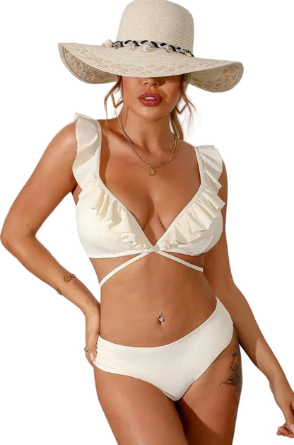 CUPSHE Women’s Cream Ruffle Wrap Side Shirred Mid Rise Bikini Set - L