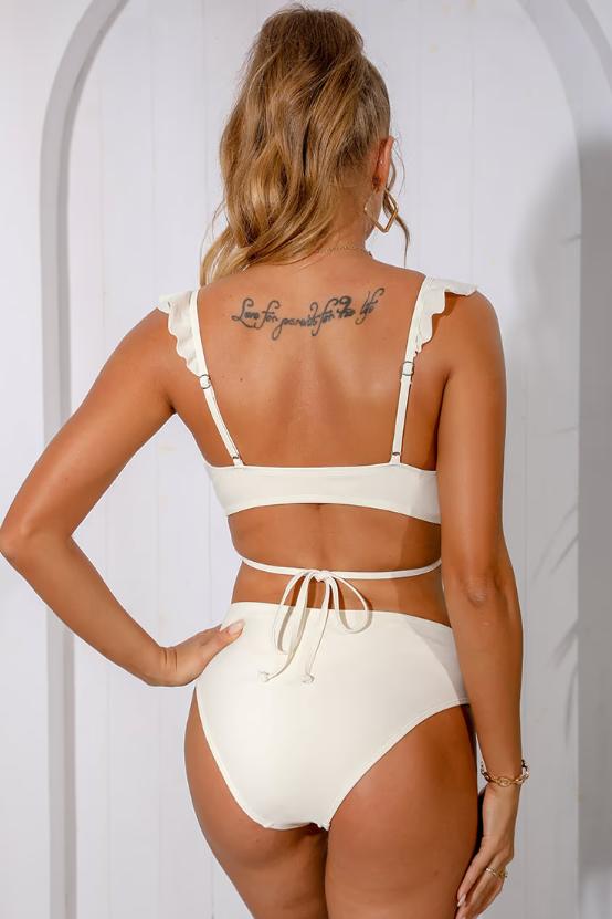 CUPSHE Women’s Cream Ruffle Wrap Side Shirred Mid Rise Bikini Set - L