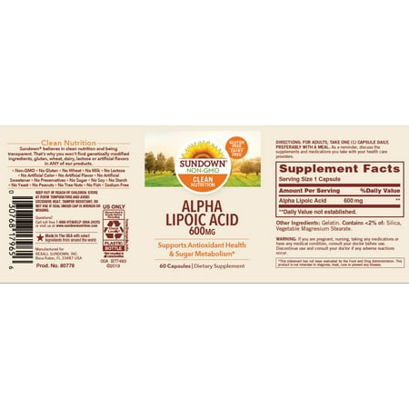 Sundown Naturals Super Alpha Lipoic Acid 600 mg, 60 Capsules *Exp 01/2026*