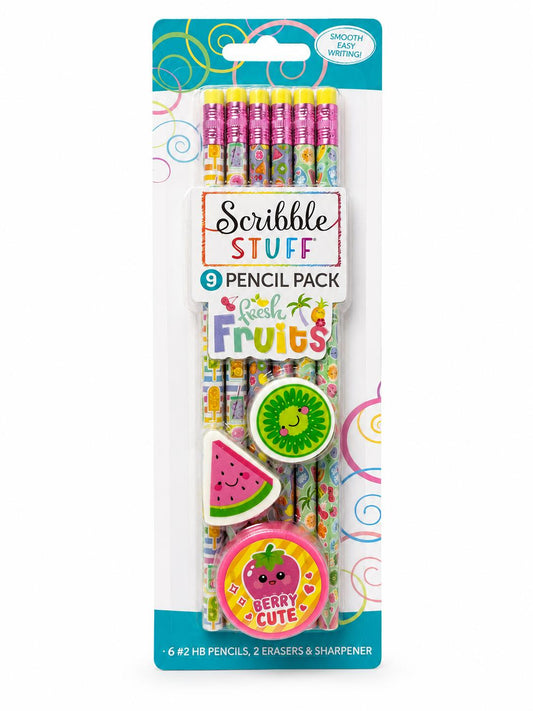 Scribble Stuff Fresh Fruits Pencil Set 6 HB Pencils 2 Erasers Sharpener
