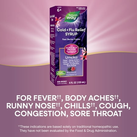 Nature's Way Cold + Flu Relief Syrup, Umcka, Non-Drowsy, Berry Flavored, Unisex, 4 Fl Oz **Exp 07/31/26**