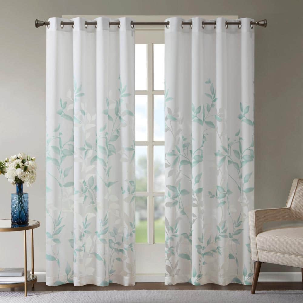 Vera Aqua Rayon/Polyester 50 in. W x 84 in. L Burnout Printed Semi-Sheer Curtain (Single Panel)