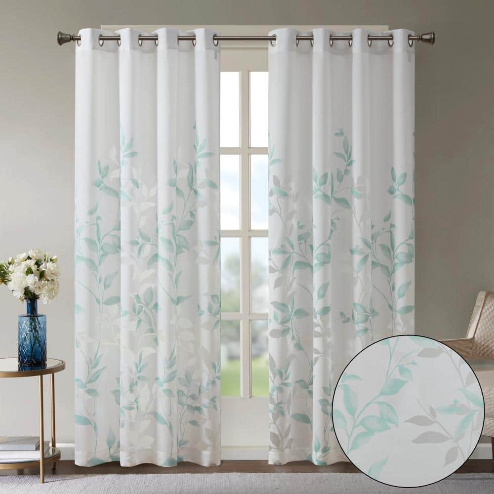 Vera Aqua Rayon/Polyester 50 in. W x 84 in. L Burnout Printed Semi-Sheer Curtain (Single Panel)