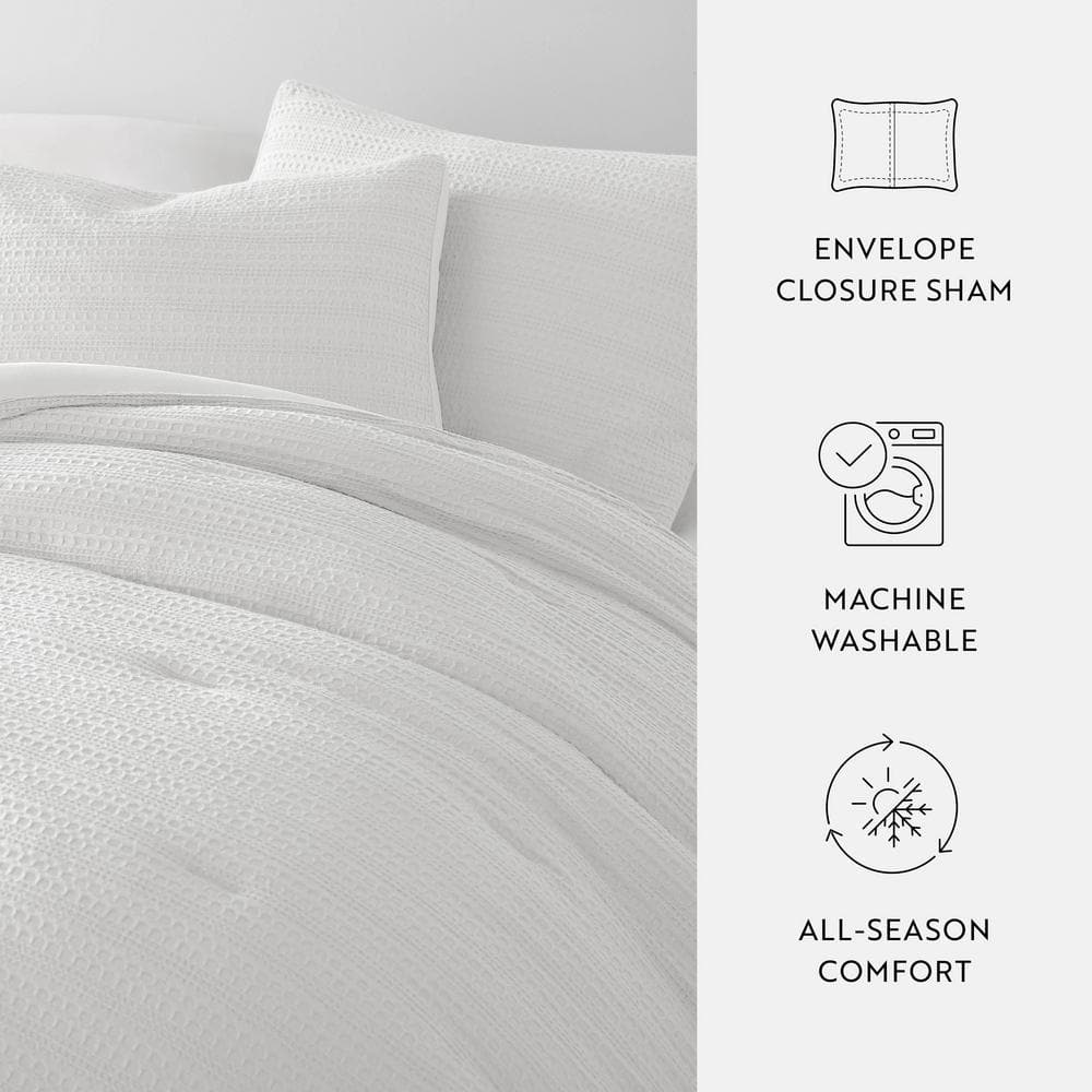Waffle Textured 3 Piece All Season Down-Alternative Full/Queen Comforter Set in White *Damaged Package See Desc*