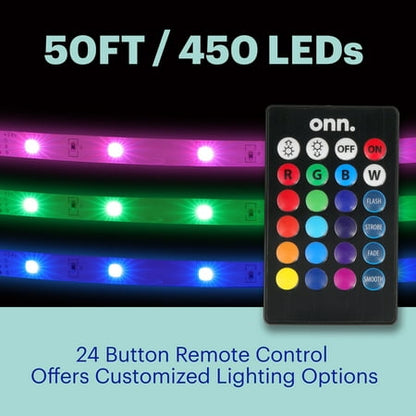 Onn Bright Multicolor LED Light Strip 50ft, Indoor Light with Remote Control