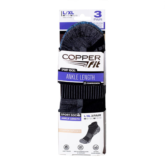 Copper Fit Unisex Sport L/XL Ankle Socks Black *Packaging May Vary*
