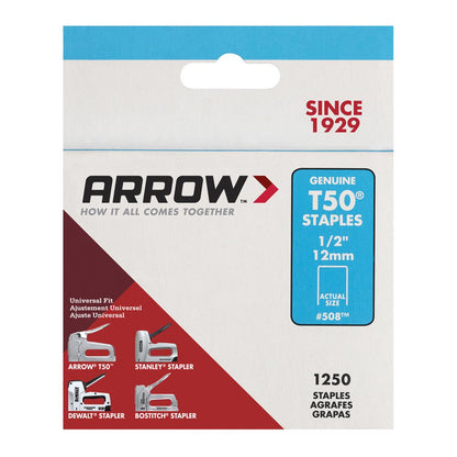 Arrow T50 3/8 in. W X 1/2 in. L 18 Ga. Flat Crown Heavy Duty Staples 1250 pk *Damaged Box*