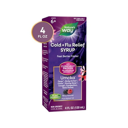 Nature's Way Cold + Flu Relief Syrup, Umcka, Non-Drowsy, Berry Flavored, Unisex, 4 Fl Oz **Exp 07/31/26**