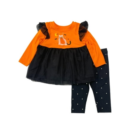 Girls' 3T Infant & Toddler Orange Cat Halloween Outfit Peplum Top & Leggings Set