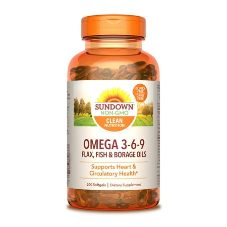 Sundown Omega 3-6-9 Flax, Fish, Borage Oils, Heart and Circulatory Health, 200 ct *Exp 01/2026*