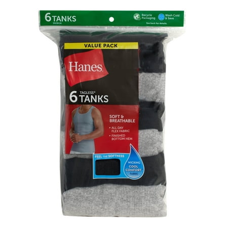 Men's 2XL Hanes Value Pack Black/Grey Tank Undershirts, 6 Pack