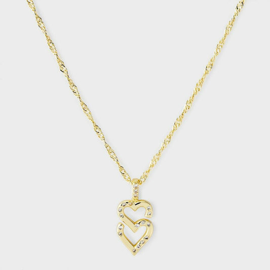 14k Gold Dipped Cubic Zirconia Double Heart Necklace