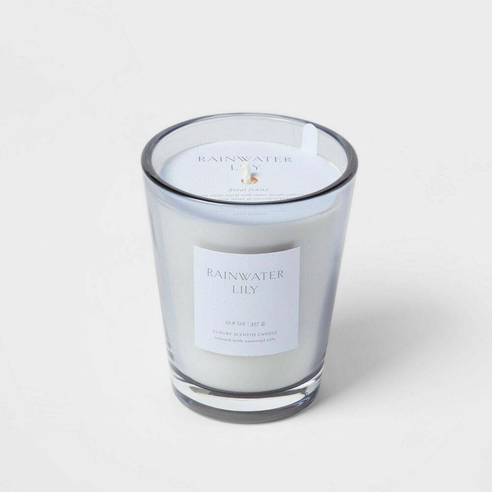 12.6oz Rainwater Lily & Peach Scented Candle with Glass Vase & Dustcover