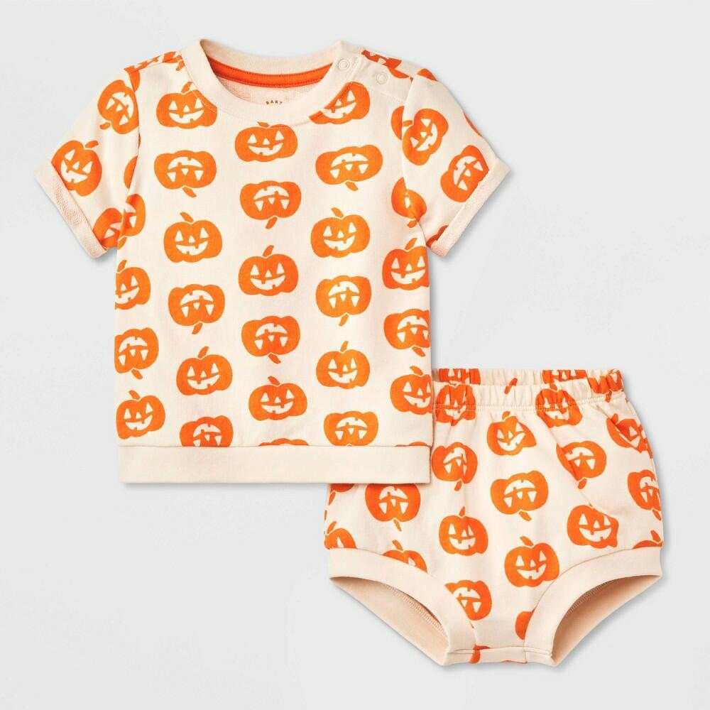 Baby 2pc Halloween Pumpkin T-Shirt & Bloomer Set - Cat & Jack™ Cream Size 3/6M