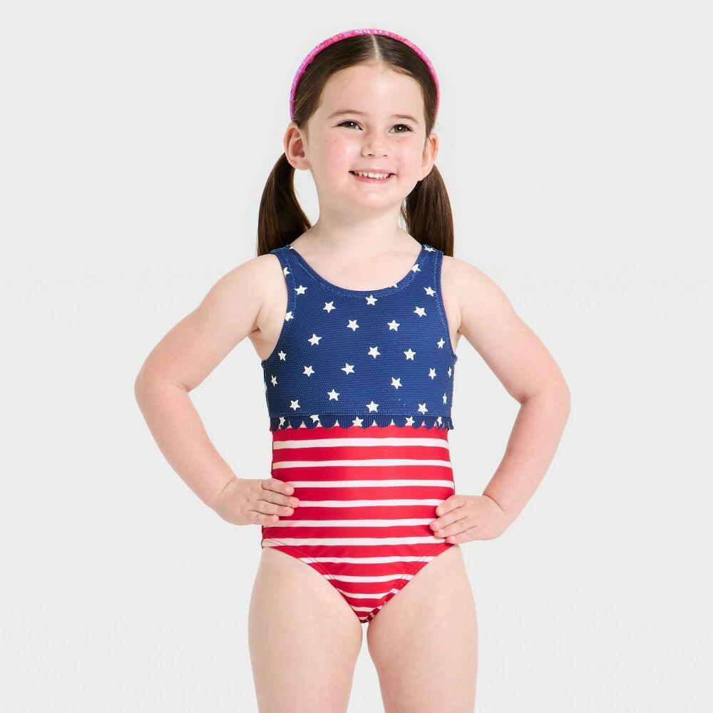 4T Cat & Jack Girl's Americana Flag One-Piece Swimsuit, Red