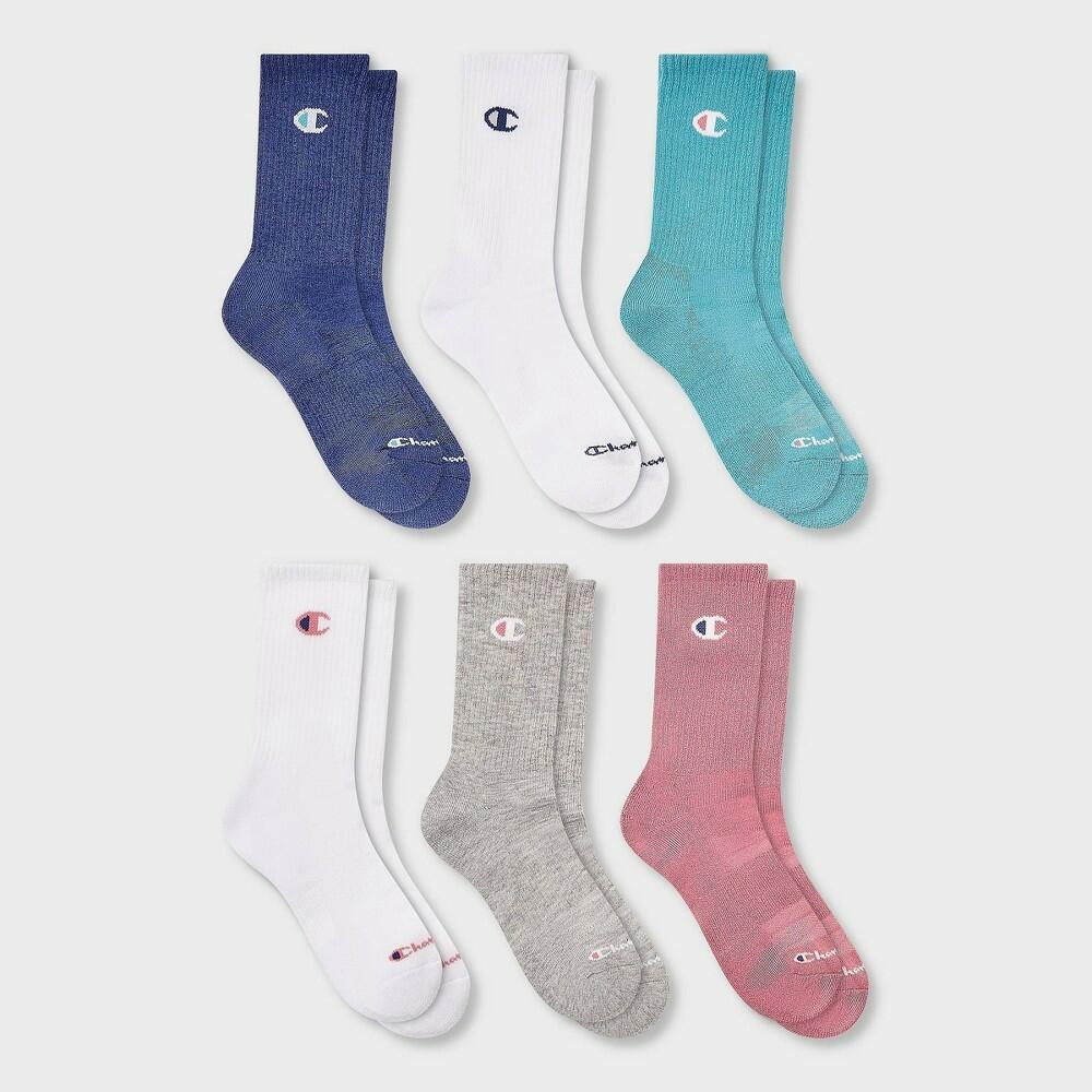 Champion Iconic Essentials Women's 6pk Cushioned Crew Socks - Pink/Gray/White/Teal/Blue 4-10