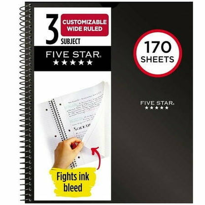Five Star 3 Subject Wide Ruled Spiral Notebook