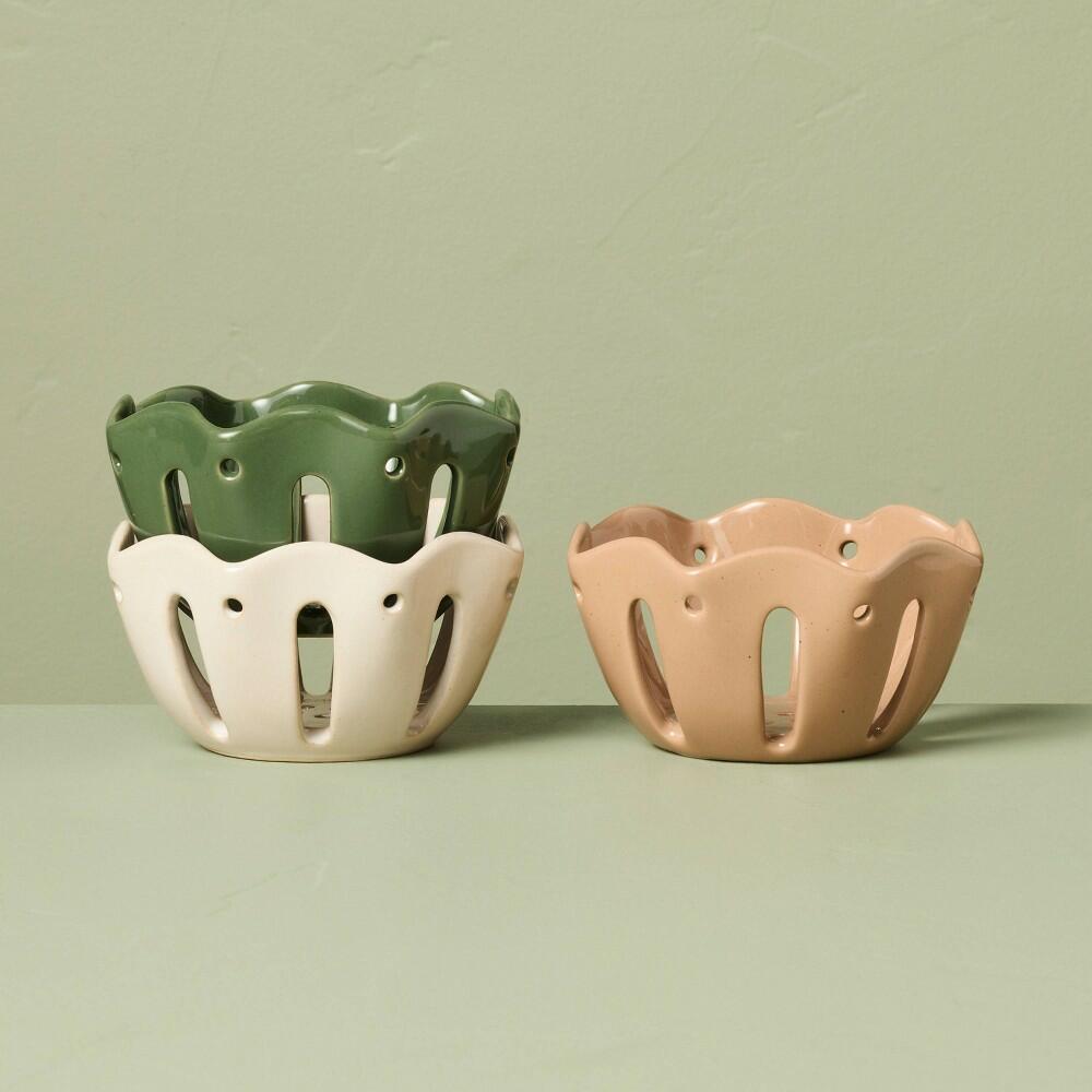 Set of 3 Stoneware Wavy Edge Mini Berry Serving Bowls Tan/Green/Cream - Hearth & Hand™ with Magnolia