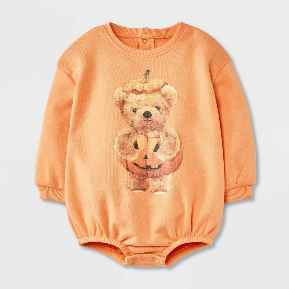 Baby Teddy Bear Halloween Pumpkin Long Sleeve Romper - Orange 3-6M