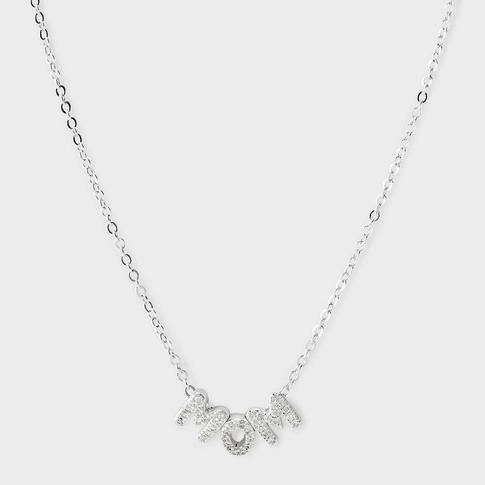 Silver Plated Cubic Zirconia "Mom" Charm Necklace
