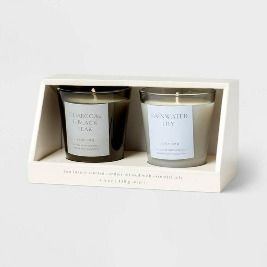 2pk Votive Candle Gift Set Rainwater Lily Charcoal and Black Teak
