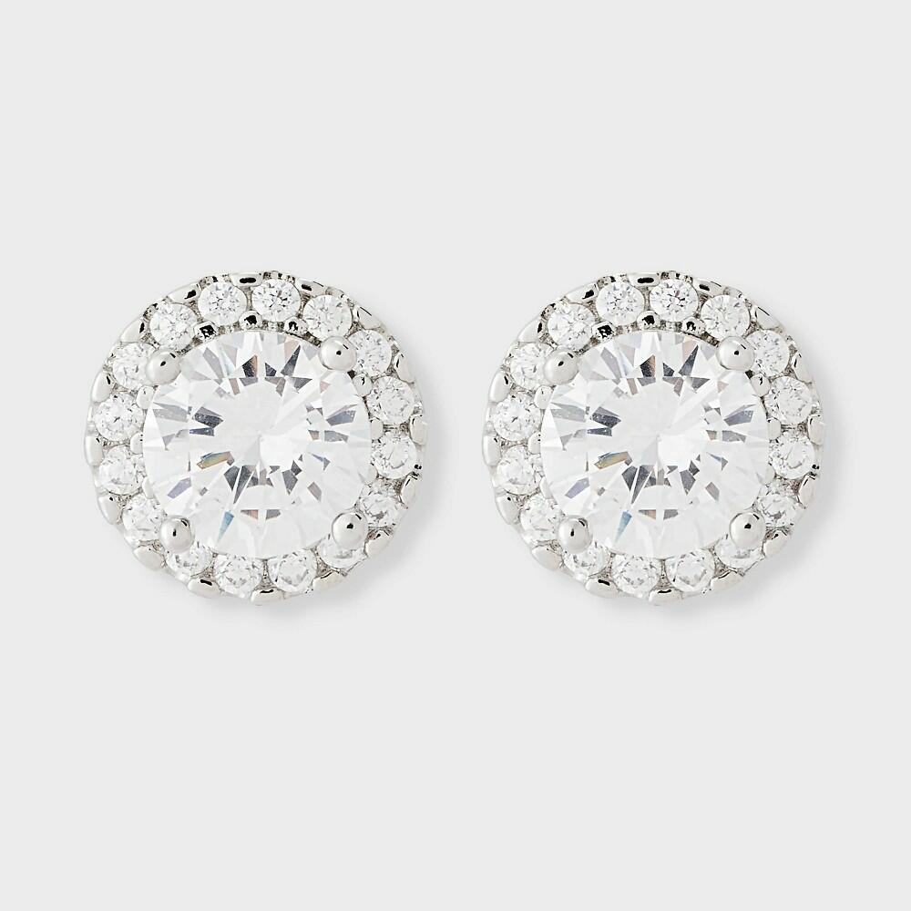 Silver Plated Cubic Zirconia Round Stud with Halo Earrings