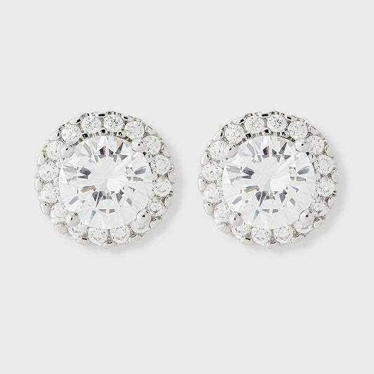 Silver Plated Cubic Zirconia Round Stud with Halo Earrings