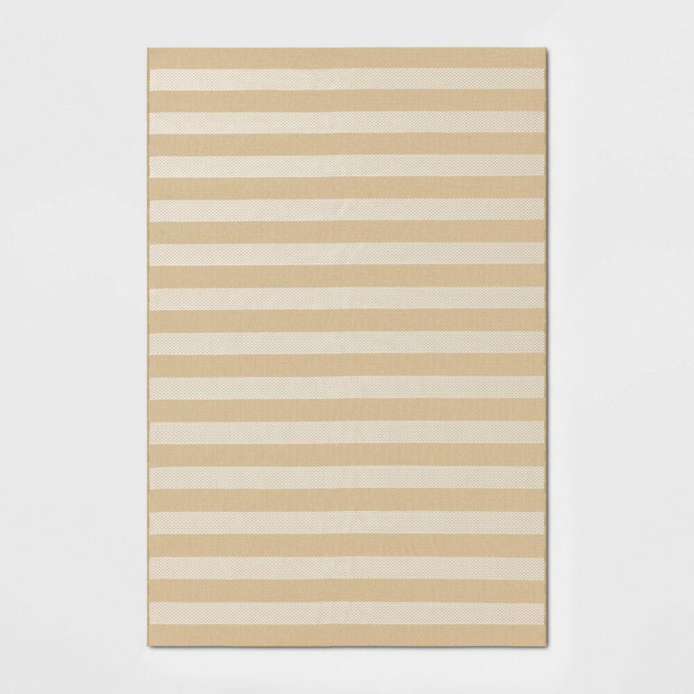 6'x9' Wide Stripe Rectangular Woven Outdoor Area Rugs Heathered Cream - Room Essentials