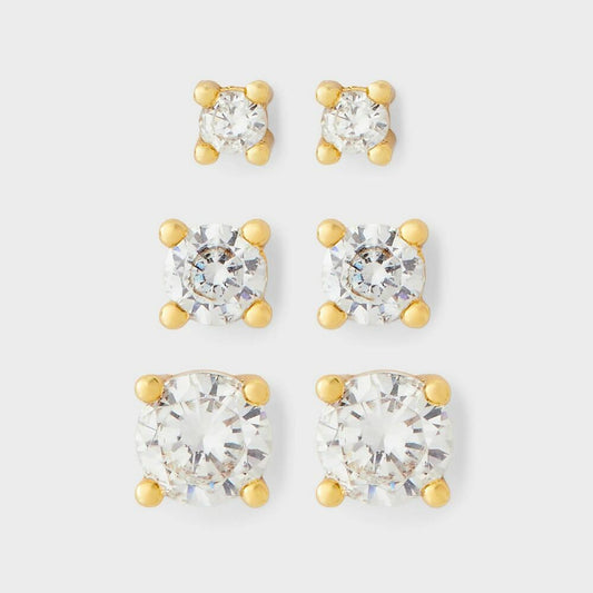 14K Gold Plated Cubic Zirconia Stud Earring Set 3pc