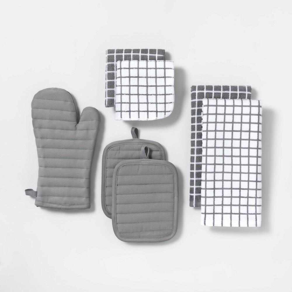 7pc Cotton Kitchen Textile Set Gray