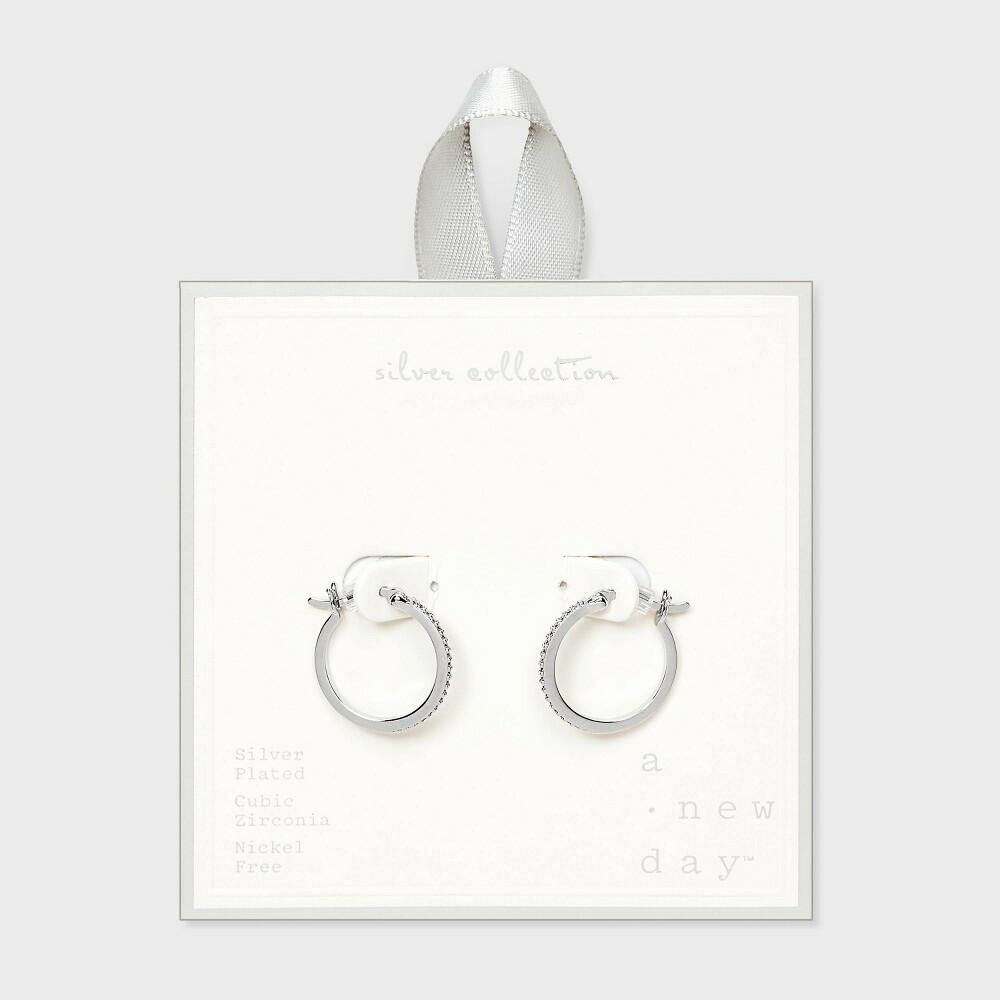 Silver Plated Brass Cubic Zirconia Pave Hoop Earrings
